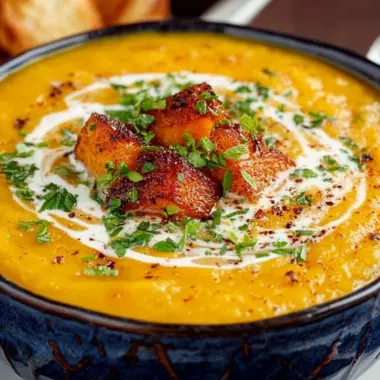 Bowl of acorn and butternut squash soup garnished with herbs
