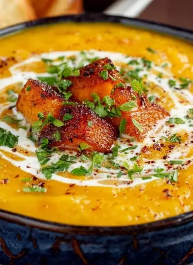 Bowl of acorn and butternut squash soup garnished with herbs
