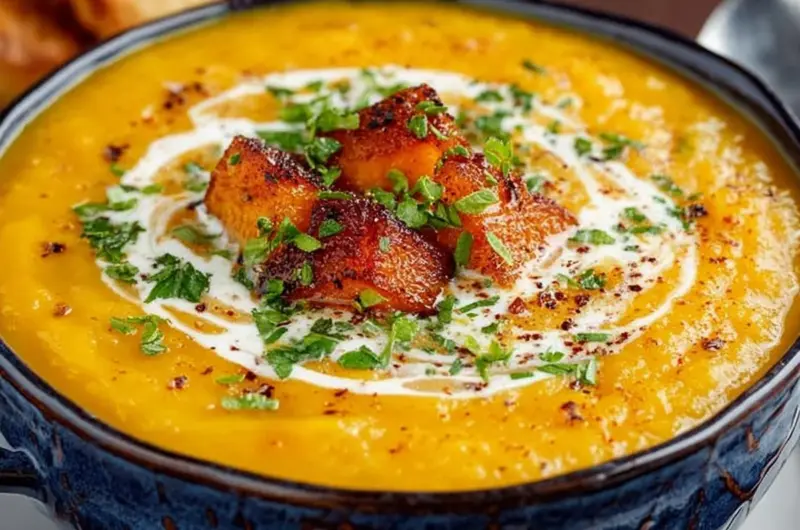 Bowl of acorn and butternut squash soup garnished with herbs