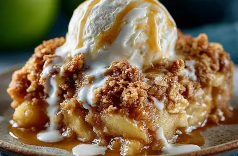 Homemade apple crisp with a crunchy topping served in a bowl