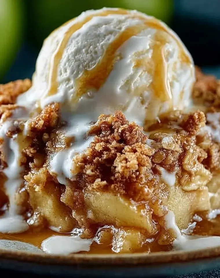 Homemade apple crisp with a crunchy topping served in a bowl