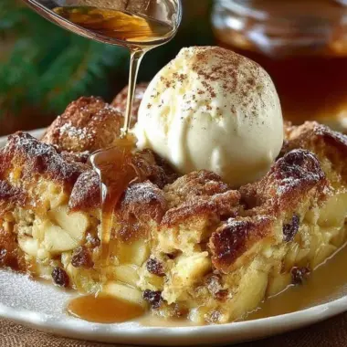 Delicious apple pie bread pudding served with caramel sauce