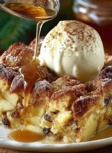 Delicious apple pie bread pudding served with caramel sauce