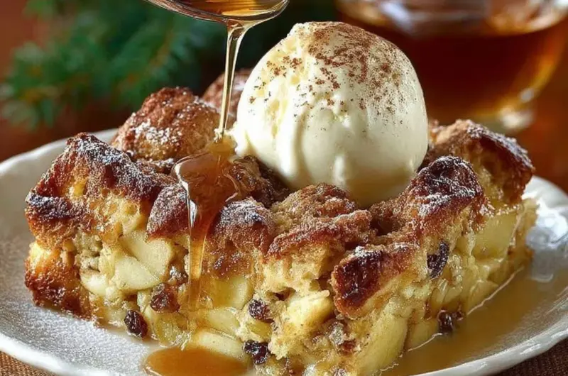 Delicious apple pie bread pudding served with caramel sauce