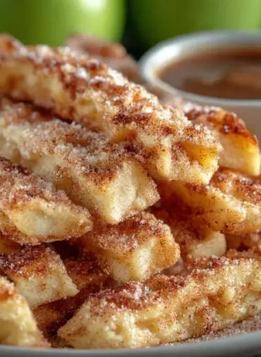 Delicious apple pie fries served with caramel sauce and whipped cream