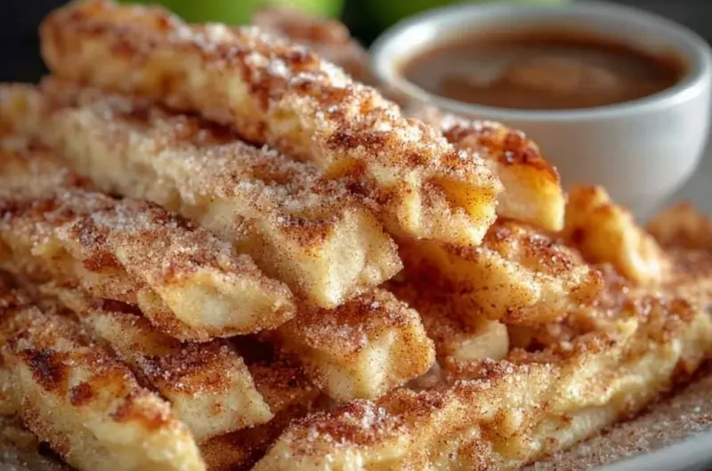 Delicious apple pie fries served with caramel sauce and whipped cream