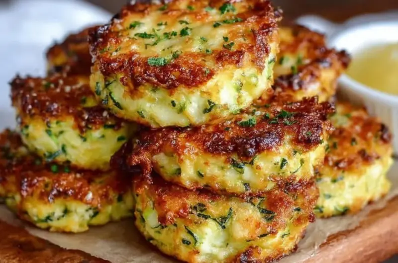 Baked cheesy zucchini bites on a plate garnished with herbs