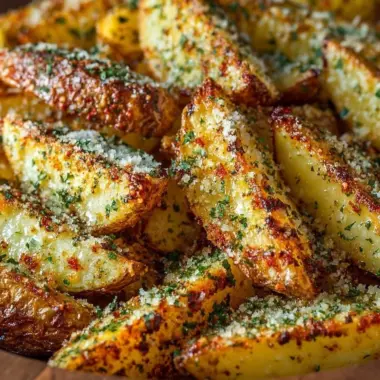 Baked garlic parmesan potato wedges on a plate