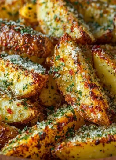Baked garlic parmesan potato wedges on a plate