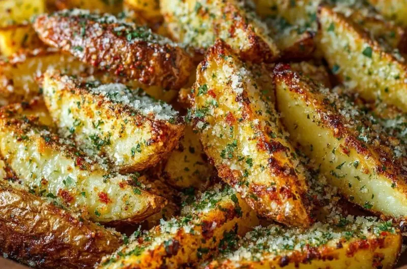 Baked garlic parmesan potato wedges on a plate
