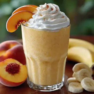 Delicious banana peach smoothie in a glass with fresh fruit on the side