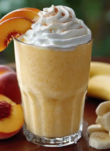 Delicious banana peach smoothie in a glass with fresh fruit on the side