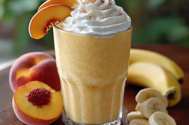 Delicious banana peach smoothie in a glass with fresh fruit on the side