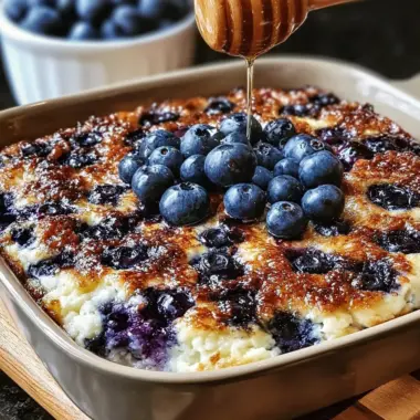 Blueberry cottage cheese breakfast bake in a baking dish with fresh blueberries on top.
