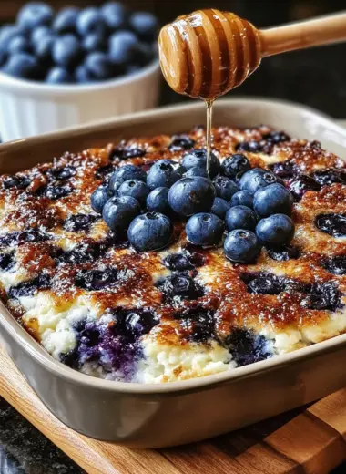 Blueberry cottage cheese breakfast bake in a baking dish with fresh blueberries on top.