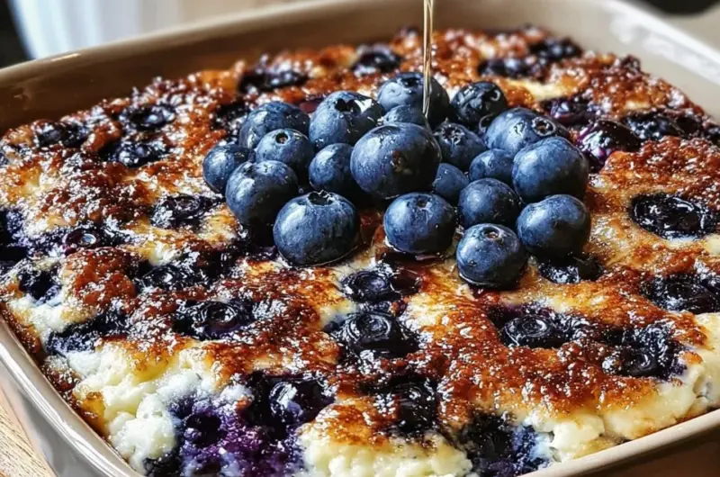 Blueberry cottage cheese breakfast bake in a baking dish with fresh blueberries on top.