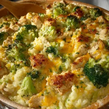Delicious broccoli, rice, and cheese chicken casserole in a baking dish