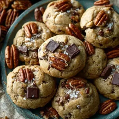 Delicious brown butter bourbon pecan chocolate chunk cookies on a plate.