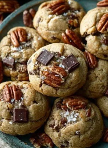 Delicious brown butter bourbon pecan chocolate chunk cookies on a plate.