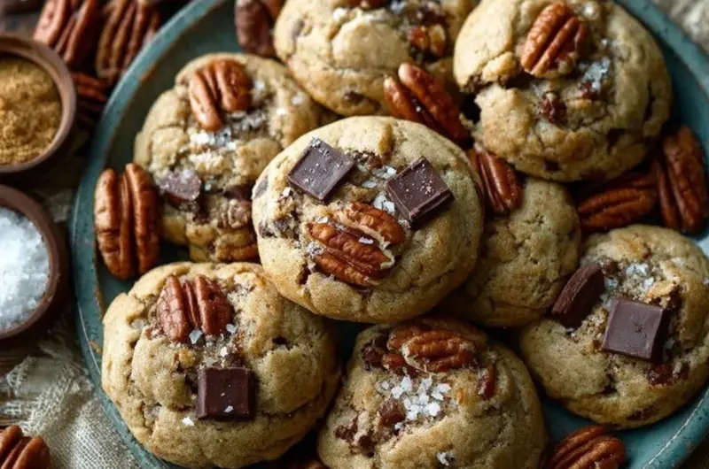 Delicious brown butter bourbon pecan chocolate chunk cookies on a plate.