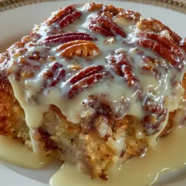 Delicious Butter Pecan Poke Cake topped with praline and pecans