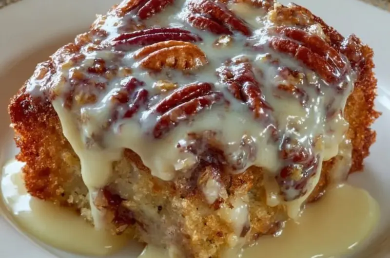 Delicious Butter Pecan Poke Cake topped with praline and pecans