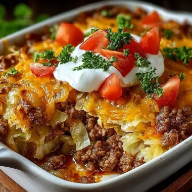 Cabbage Beef Bake - a hearty casserole with layers of beef and cabbage.