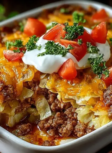 Cabbage Beef Bake - a hearty casserole with layers of beef and cabbage.
