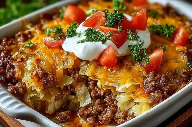 Cabbage Beef Bake - a hearty casserole with layers of beef and cabbage.