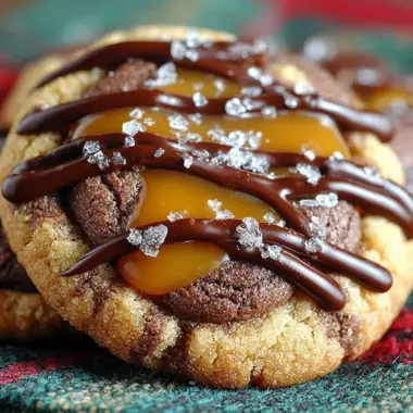 Freshly baked Caramel Chocolate Cookies with rich chocolate and caramel drizzle