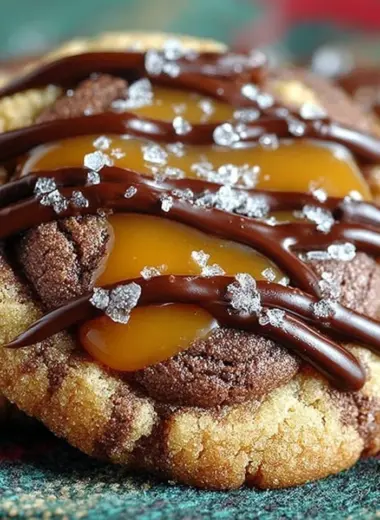 Freshly baked Caramel Chocolate Cookies with rich chocolate and caramel drizzle