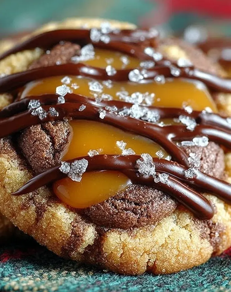 Freshly baked Caramel Chocolate Cookies with rich chocolate and caramel drizzle