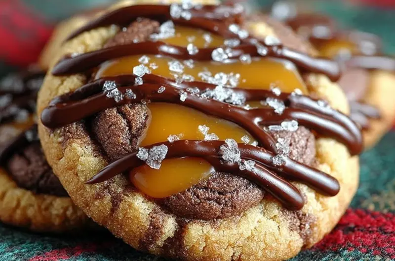 Freshly baked Caramel Chocolate Cookies with rich chocolate and caramel drizzle