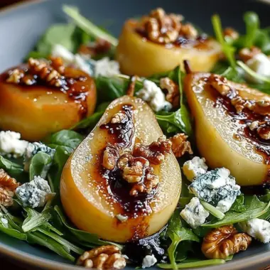 Caramelized pear and blue cheese salad with fresh greens and nuts
