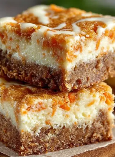 Delicious carrot cake bars with a creamy cheesecake swirl on top