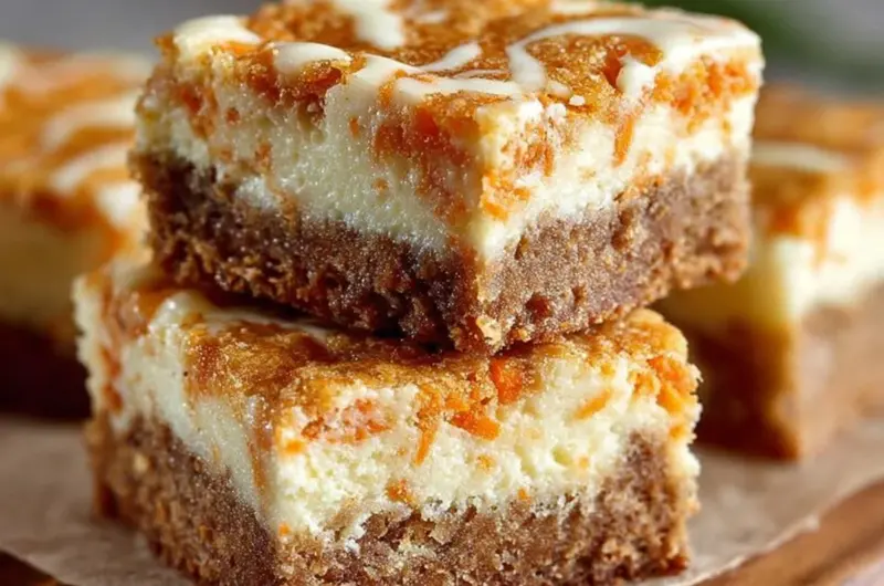 Delicious carrot cake bars with a creamy cheesecake swirl on top