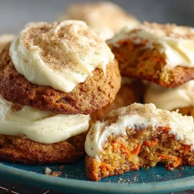 Delicious carrot cake cookies with cream cheese frosting on a plate.