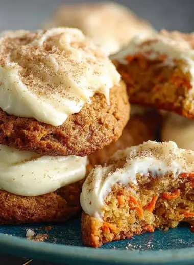 Delicious carrot cake cookies with cream cheese frosting on a plate.