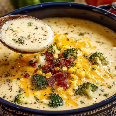Bowl of Cheddar Broccoli Potato Soup topped with cheese and broccoli florets