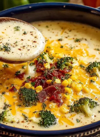 Bowl of Cheddar Broccoli Potato Soup topped with cheese and broccoli florets