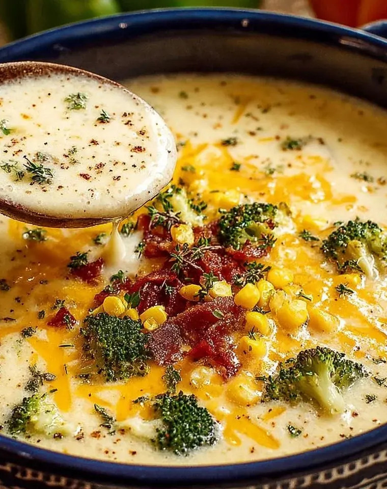 Bowl of Cheddar Broccoli Potato Soup topped with cheese and broccoli florets