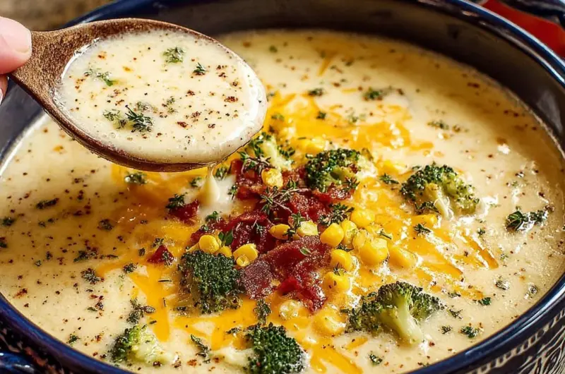 Bowl of Cheddar Broccoli Potato Soup topped with cheese and broccoli florets