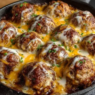 Cheesy enchilada meatball bake served in a dish with toppings
