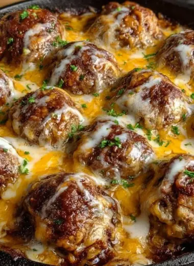 Cheesy enchilada meatball bake served in a dish with toppings
