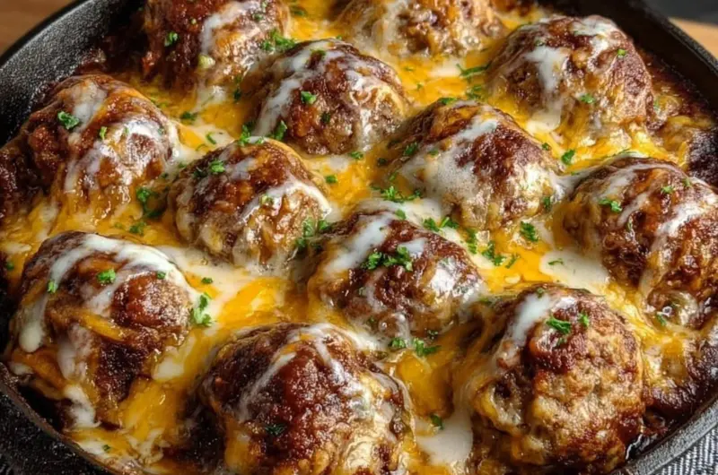 Cheesy enchilada meatball bake served in a dish with toppings
