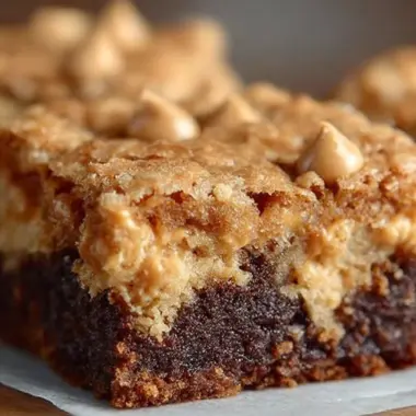 Chewy peanut butter brownies with chocolate drizzle on a white plate