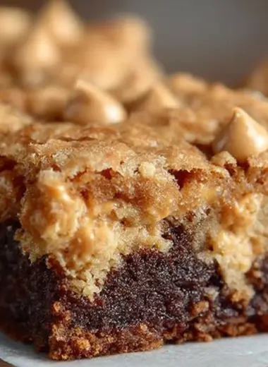 Chewy peanut butter brownies with chocolate drizzle on a white plate