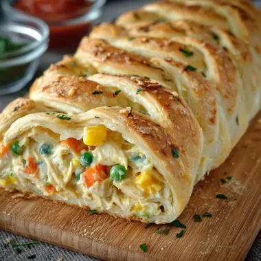 Chicken Pot Pie Crescent Braid garnished and ready to serve