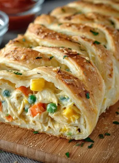 Chicken Pot Pie Crescent Braid garnished and ready to serve