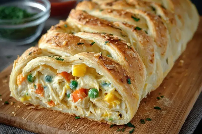 Chicken Pot Pie Crescent Braid garnished and ready to serve